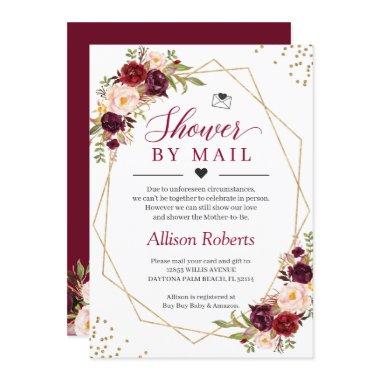 Shower By Mail Burgundy Red Floral Gold Geometric Invitations