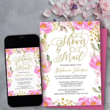 Shower by Mail Calligraphy Pink and Gold Floral Invitations