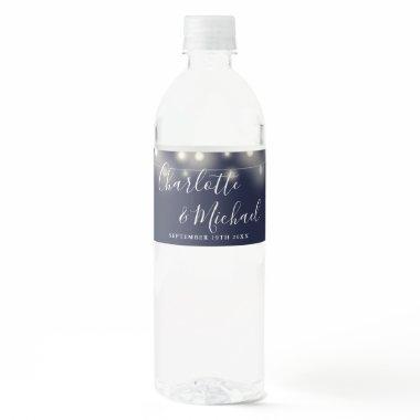Signature Script String Lights Navy Blue Wedding Water Bottle Label
