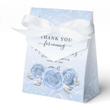 Silver and Baby Blue Rose Thank You Birthday Party Favor Boxes