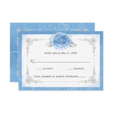 Silver and Bahama Blue Roses Elegant RSVP Card