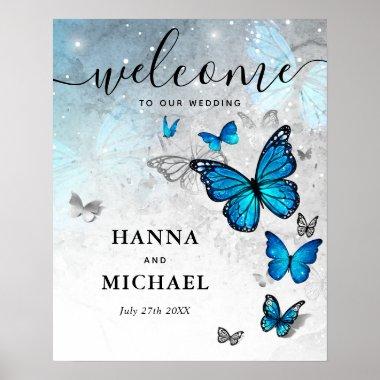 Silver and Blue Butterfly Welcome Wedding Poster