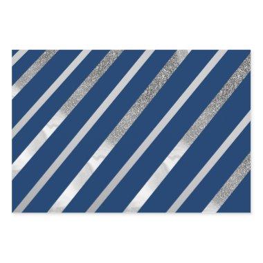 Silver and Blue Diagonal Stripes Pattern Wrapping Paper Sheets