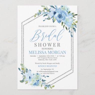 Silver and blue floral boho winter bridal shower Invitations