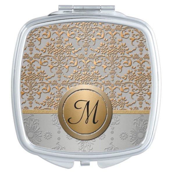 Silver and Gold Damask Pattern with Monogram Compact Mirror