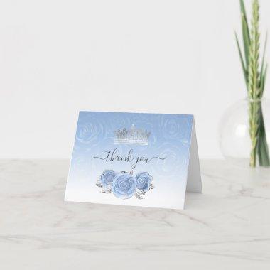 Silver and Light Baby Blue Roses Watercolor Folded Thank You Invitations