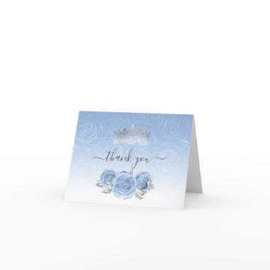 Silver and Light Baby Blue Roses Watercolor Folded Thank You