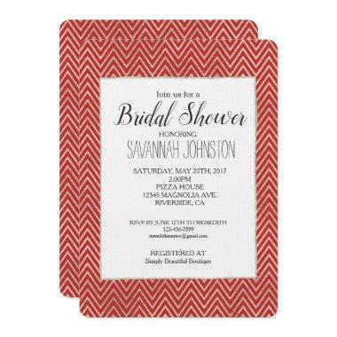 Silver and Red Chevron Stripes Bridal Shower Invitations