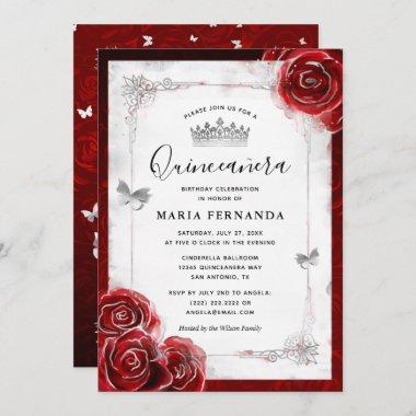 Silver and Red Rose Elegant Quinceanera Invitations
