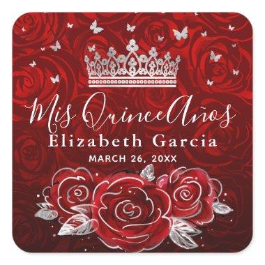 Silver and Red Rose Elegant Template Square Sticke Square Sticker