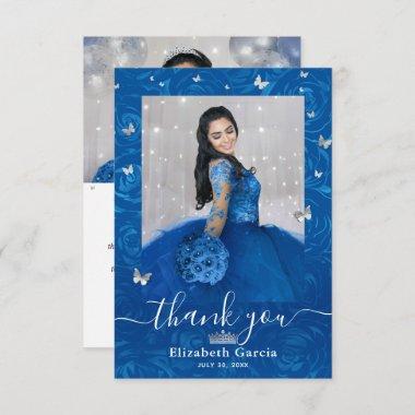 Silver and Royal Blue Quinceañera 2 Photo Birthday Thank You Invitations