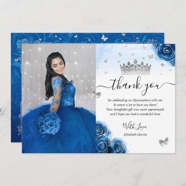 Silver and Royal Blue Quinceañera Photo Birthday Thank You Invitations