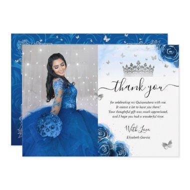 Silver and Royal Blue Quinceañera Photo Birthday Thank You Invitations