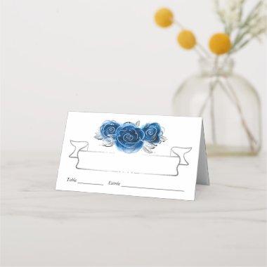 Silver and Royal Blue Roses Elegant Folded Table Place Invitations
