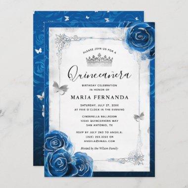 Silver and Royal Blue Roses Elegant Quinceanera Invitations