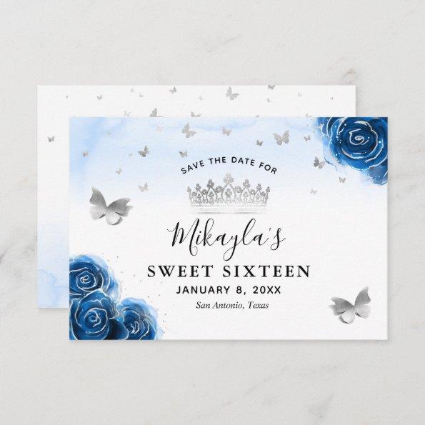 Silver and Royal Blue Roses Elegant Save The Date