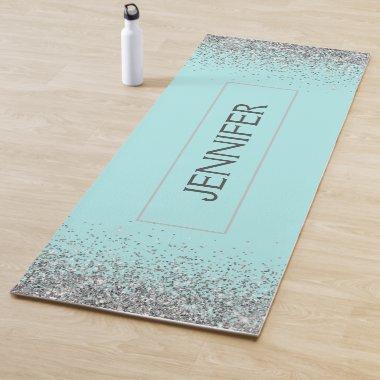 Silver Aqua Blue Glitter Monogram Name Yoga Mat