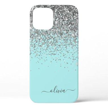 Silver Aqua Teal Blue Girly Glitter Monogram Case- iPhone 12 Case
