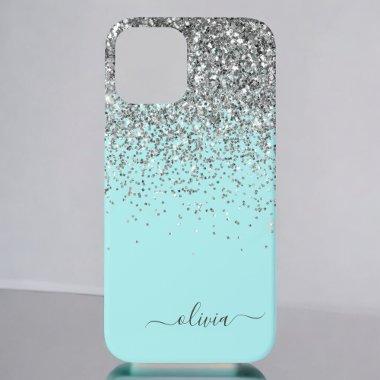 Silver Aqua Teal Blue Girly Glitter Monogram Case- iPhone 12 Case