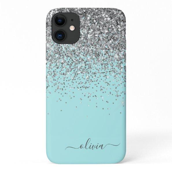 Silver Aqua Teal Blue Girly Glitter Monogram iPhone 11 Case