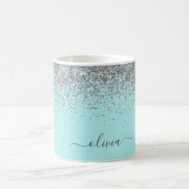 Silver Aqua Teal Blue Girly Glitter Monogram Coffee Mug