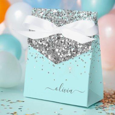 Silver Aqua Teal Blue Girly Glitter Monogram Favor Boxes