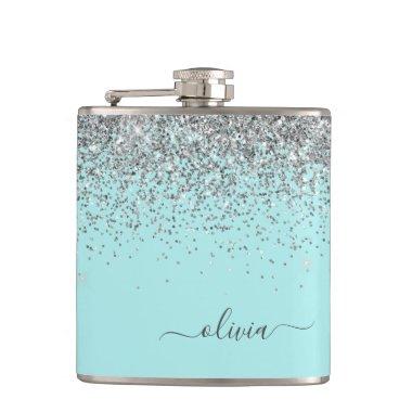 Silver Aqua Teal Blue Girly Glitter Monogram Flask