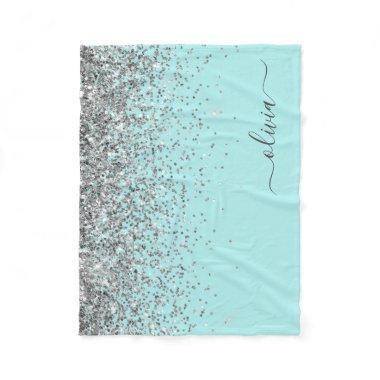 Silver Aqua Teal Blue Girly Glitter Monogram Fleece Blanket