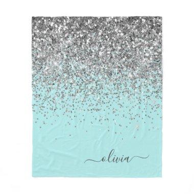 Silver Aqua Teal Blue Girly Glitter Monogram Fleece Blanket