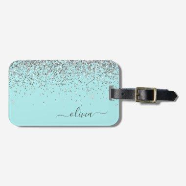 Silver Aqua Teal Blue Girly Glitter Monogram Luggage Tag