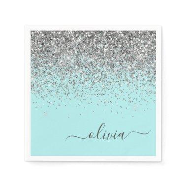 Silver Aqua Teal Blue Girly Glitter Monogram Napkins