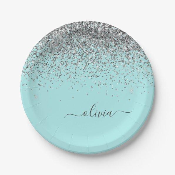 Silver Aqua Teal Blue Girly Glitter Monogram Paper Plates