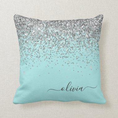 Silver Aqua Teal Blue Girly Glitter Monogram Throw Pillow
