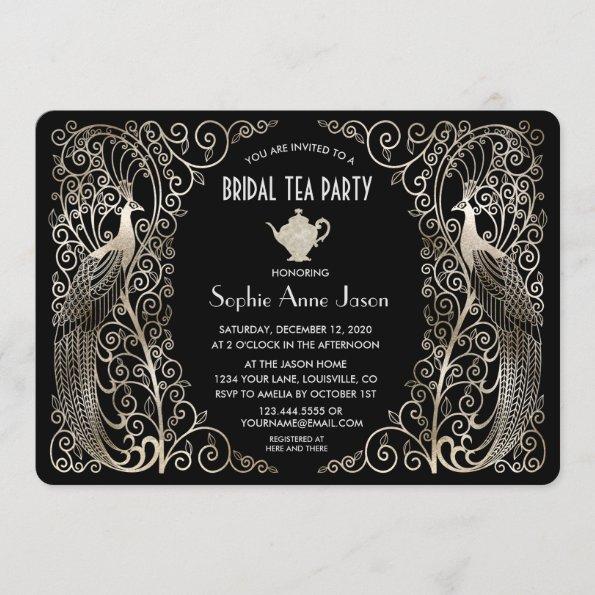 Silver Art Deco Peacocks Bridal Shower Tea Party Invitations