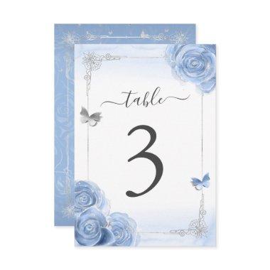 Silver Baby Blue Roses Elegant Table Number Card