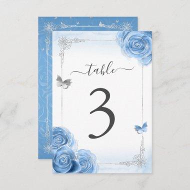 Silver Bahama Blue Roses Elegant Table Number Card