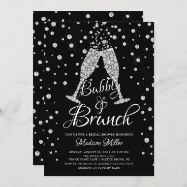 Silver & Black Bubbly & Brunch Bridal Shower Invitations