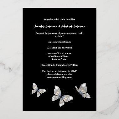 Silver black butterfly minimalist plain elegant foil Invitations