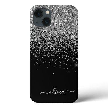 Silver Black Girly Glitter Sparkle Monogram Name C iPhone 13 Case