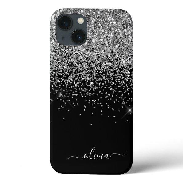 Silver Black Girly Glitter Sparkle Monogram Name C iPhone 13 Case