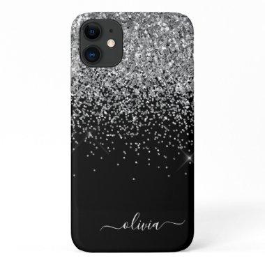 Silver Black Girly Glitter Sparkle Monogram Name iPhone 11 Case