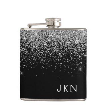 Silver Black Girly Glitter Sparkle Monogram Name Flask