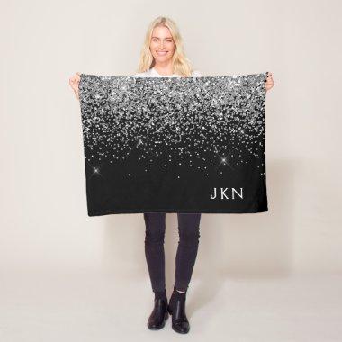 Silver Black Girly Glitter Sparkle Monogram Name Fleece Blanket