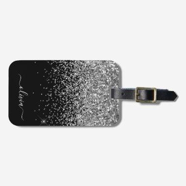 Silver Black Girly Glitter Sparkle Monogram Name Luggage Tag