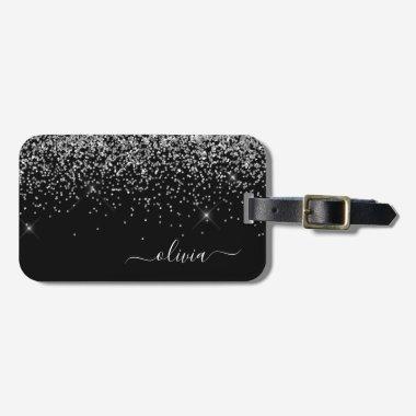 Silver Black Girly Glitter Sparkle Monogram Name Luggage Tag