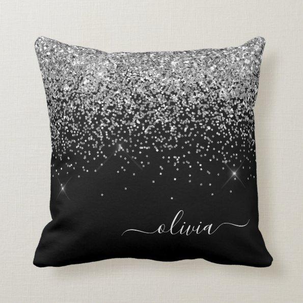 Silver Black Girly Glitter Sparkle Monogram Name Throw Pillow