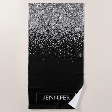 Silver Black Glitter Girly Monogram Name Beach Towel