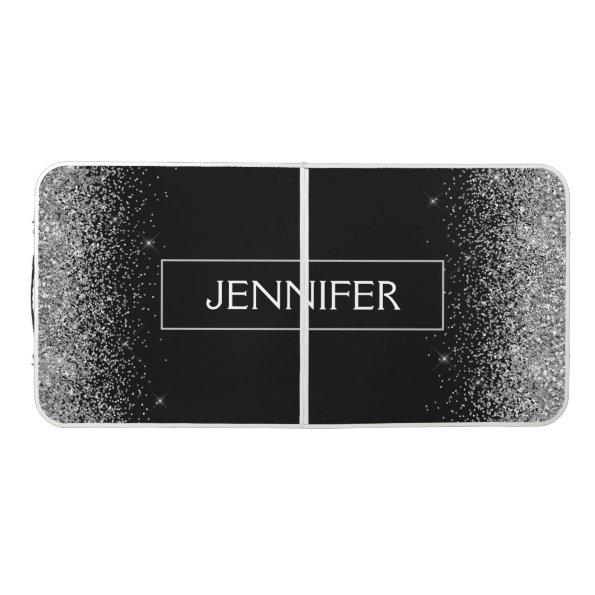 Silver Black Glitter Girly Monogram Name Beer Pong Table