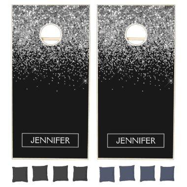 Silver Black Glitter Girly Monogram Name Cornhole Set