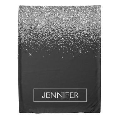 Silver Black Glitter Girly Monogram Name Duvet Cover